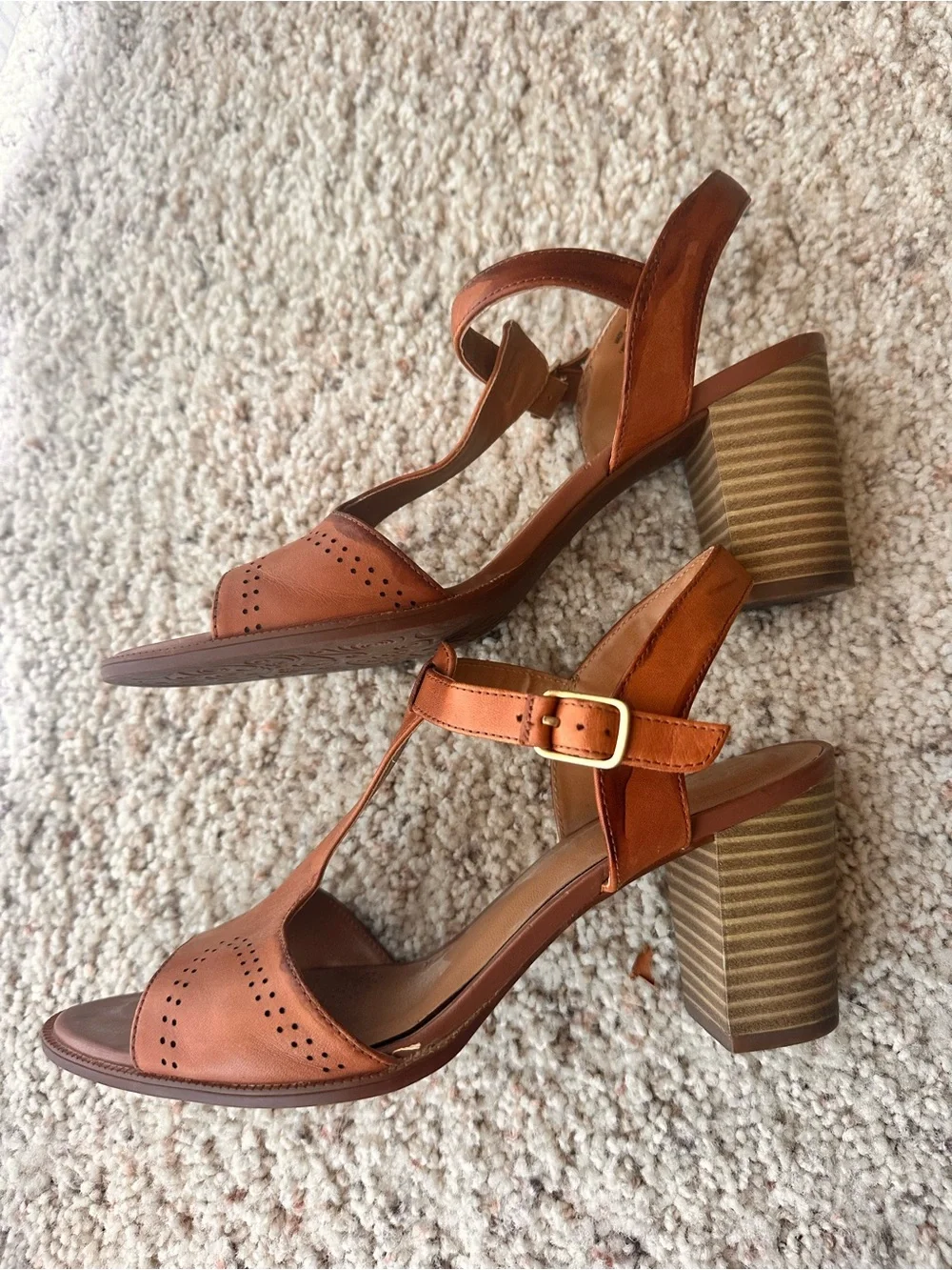 Clarks Cognac Brown T-Strap Block Heel Sandals